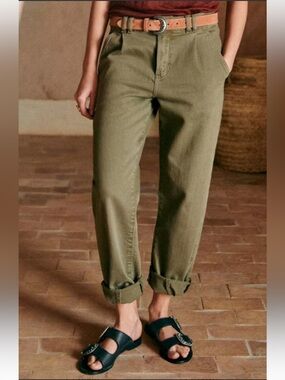 Sezane manu trousers olive green straight leg cropped pants size 38 or 6 USA